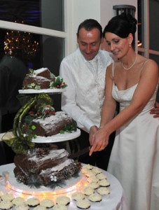 The couple opted for chocolate logs instead of a traditional wedding cake. 