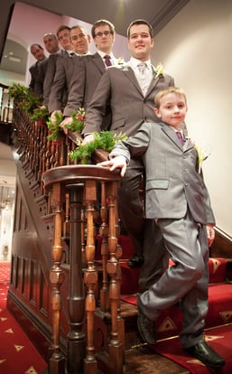 Simon and the groomsmen on Shottle's stunning staircase